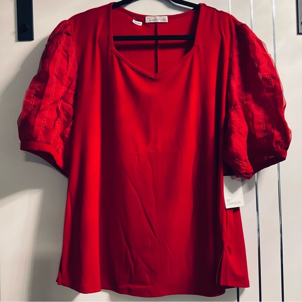 89th+Madison 3X Dark Red Puffy Pleated Sleeve Blouse